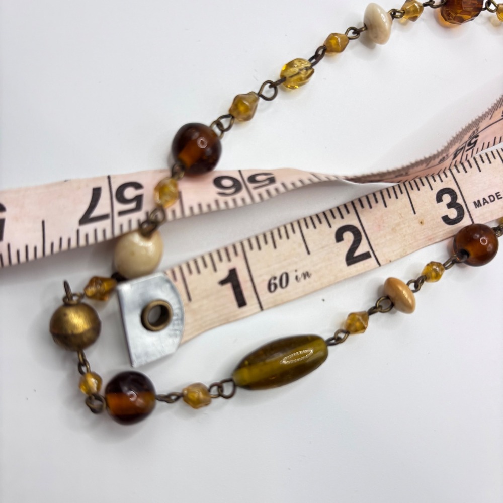 Vtg Boho Earthy Beaded Long Necklace Station 60" Baroque Amber Green Cream Glass - Picture 2 of 8